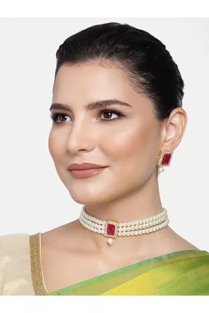 Peora White & Magenta Gold-Plated Crystal Handcrafted Beaded Jewellery Set