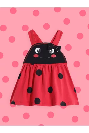 chicco Women Printed Dresses - Girls Red & Black Lady Bug Print Pinafore Dress with Bows