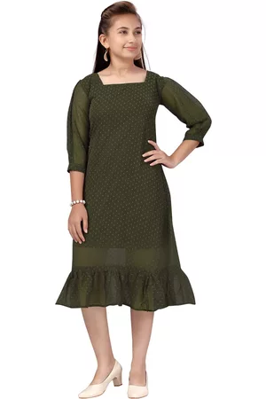 Aarika Girls Green Georgette A-Line Midi Dress