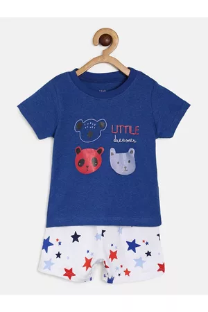 MINI KLUB Boys White & Blue Printed Pure Cotton T-shirt with Trousers