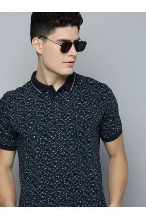 Indian Terrain Men Navy Blue Floral Printed Polo Collar Pure Cotton Slim Fit T-shirt