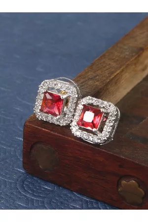 Jewar Mandi Silver Plated Square Cubic Zirconia Studs Earrings