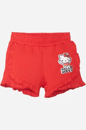 Kidsville Girls Red Regular Fit Solid Ruffled Shorts With Hello Kitty Print Detail