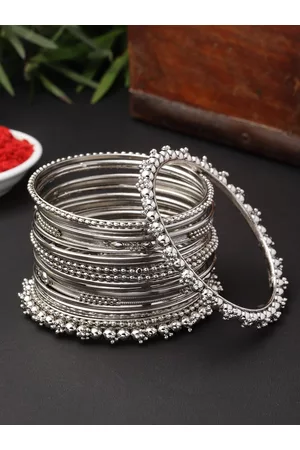 Zeneme Set Of 20 Silver-Plated Oxidised Textured Bangles