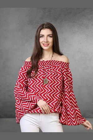 OOMPH Geometric Printed Off-Shoulder Bell Sleeves Bardot Top