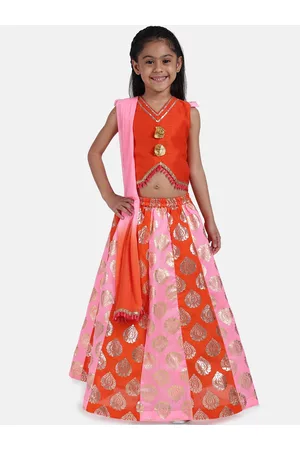 BownBee Girls Orange & Orange Printed Ready to Wear Pattu Pavadai with Dupatta