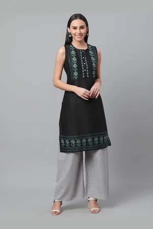 akheri Women Black & Charcoal Grey Chikankari Embroidered Straight Kurta