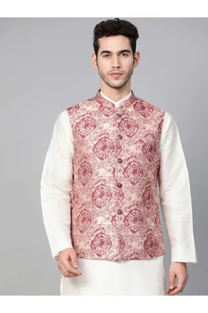 MANQ Men Maroon & Beige Woven Design Nehru Jacket