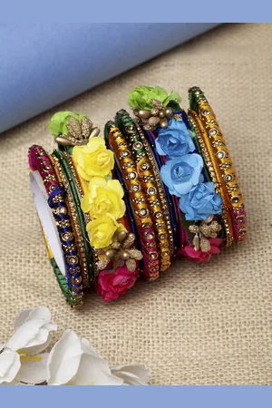 Shining Diva Set Of 20 Gold-Toned & Yellow Stone-Studded Handcrafted Bangles