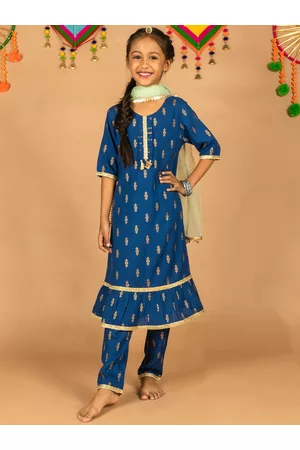 HERE&NOW Girls Blue & Gold-Toned Floral Printed Gotta Patti Kurta with Trousers & Dupatta