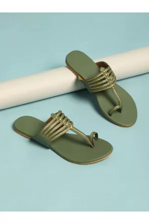 Sole House Women Olive Green Ethnic Kolhapuri One Toe Flats