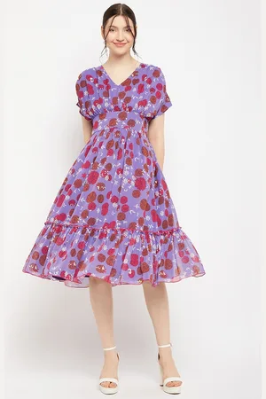 Antheaa Floral Printed Extended Sleeves Pleated Fit & Flare Dress