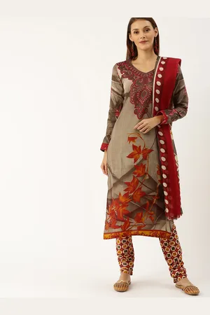 Rajnandini Taupe & Red Cotton Blend Printed Unstitched Dress Material