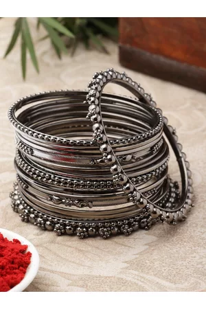 Zeneme Set Of 20 Silver-Plated Textured Oxidised Bangles
