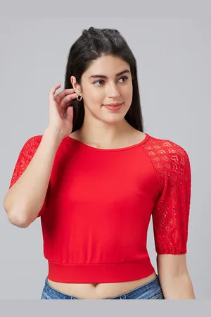 Globus Lace Inserts Raglan Sleeves Fitted Crop Top