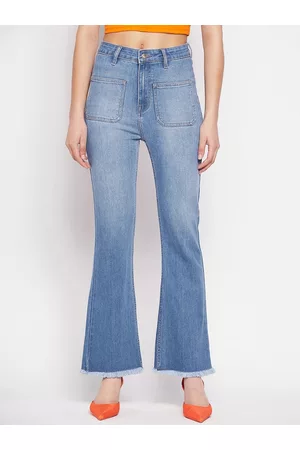 MADAME Women Frayed Hem Light Fade Cotton Bootcut Jeans