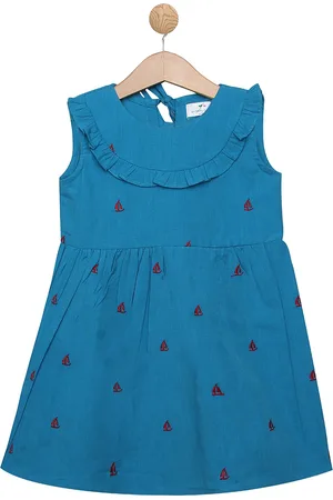 Knitting Doodles Girls Blue Embroidered Fit and Flare Dress