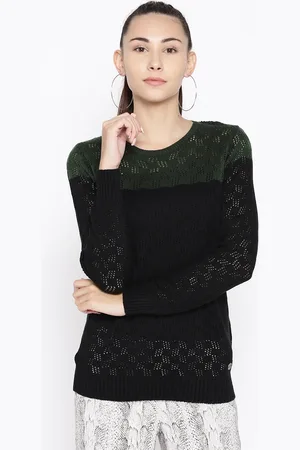 Cayman Women Black & Green Self-Design Sweater