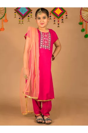 HERE&NOW Girls Pink Ethnic Motifs Embroidered Yoke Design Kurta With Trousers & Dupatta