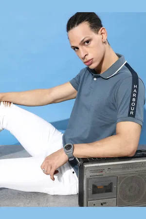 Mast & Harbour Men Greyish Blue Solid Tape Detail Love is in the Air Reworked Polo T-shirt
