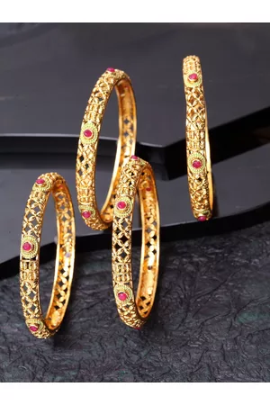 Shining Diva Set Of 4 Gold-Plated Pink & Green Stone-Studded Meenakari Bangles