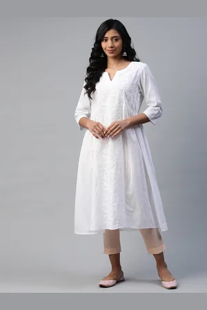 akheri Women White Floral Embroidered Chikankari Cotton Anarkali Kurta