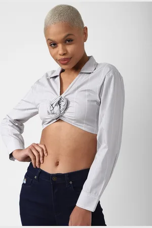 Forever 21 Vertical Striped Twisted Pure Cotton Shirt Style Crop Top
