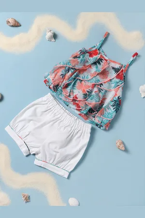 Nauti Nati Girls Multicolored Printed Frilled Top & Bottom Set