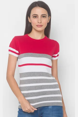 Globus Women Red Striped Half Sleeves Sweatshirt
