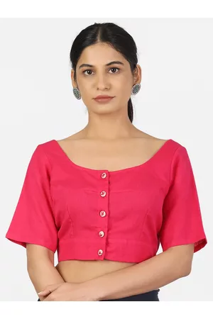Llajja Women Pink Solid Non Padded Round Neck Cotton Saree Blouse