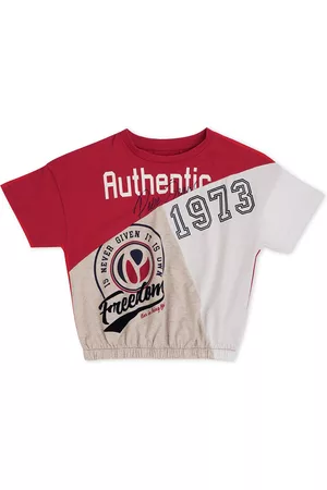 Pepe Jeans Girls Red & Off White Printed Cotton T-shirt