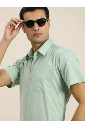 HANCOCK Solid Chambray Slim Fit Short Sleeves Wrinkle Resistant Formal Shirt