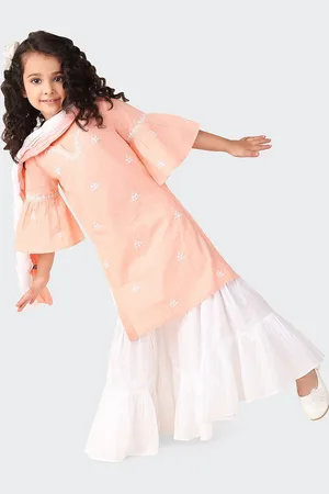 Fabindia Girls Ethnic Motifs Embroidered Pure Cotton Kurta with Sharara & Dupatta