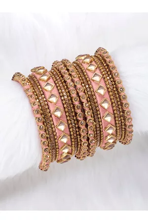 Peora Set of 18 Peach-Coloured Gold Plated Silk Thread Kundan Chuda Bangles