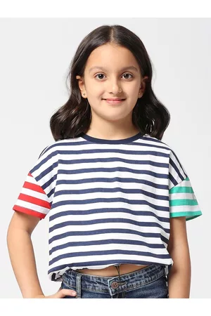 Pepe Jeans Girls Striped Round Neck Drop-Shoulder Sleeves Pure Cotton T-shirt