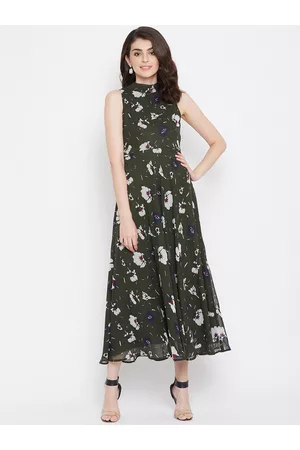 La Zoire Women Olive Green & Off-White Floral Printed Maxi Dress