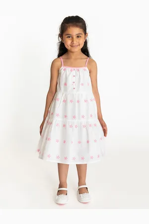 Campana Girls Floral Embroidered Shoulder Straps Cotton A-Line Dress