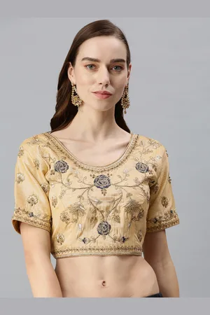 flaher Women Beige Embroidered Art Silk Saree Blouse
