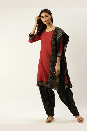 Rajnandini Red & Black Cotton Blend Solid Unstitched Dress Material