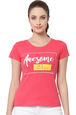 PROTEENS Women Fuchsia & White Typography Printed Cotton T-shirt