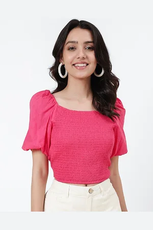 Fabindia Smocked Puff Sleeves Cotton Crop Top