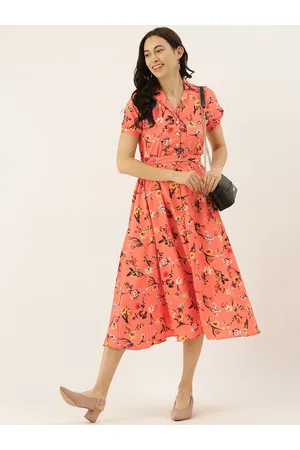 Campus Women Peach-Coloured & Brown Floral Printed Shirt Dress With Belt