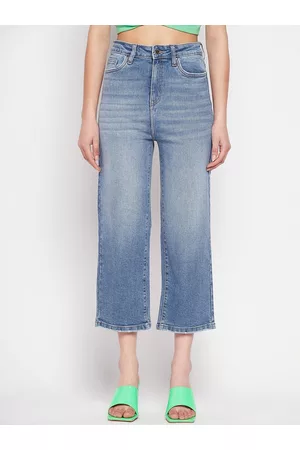 MADAME Women Heavy Fade Whiskers and Chevrons Cropped Cotton Wide Leg Jeans