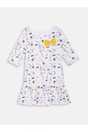 Elle Girls White & Blue Printed Drop-Waist Dress
