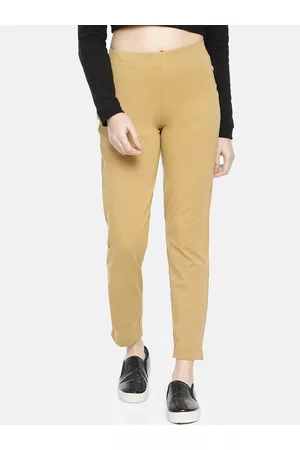 Dollar Missy Women Beige Smart Straight Fit Solid Cigarette Trousers