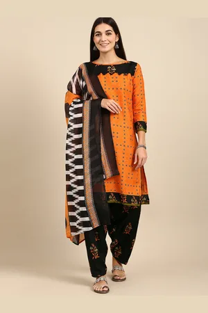 Rajnandini Orange & Black Printed Unstitched Dress Material