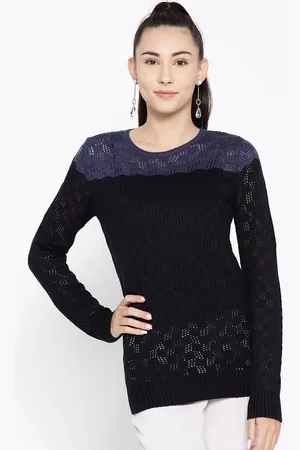 Cayman Women Black & Blue Colourblocked Woollen Open Knit Sweater