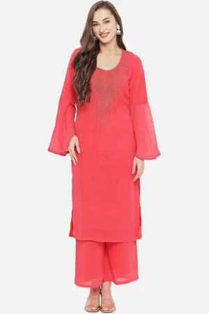 Aujjessa Women Coral Red Swarvoski Kurta with Palazzos