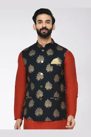 KISAH Printed Nehru Jacket with Pocket Square