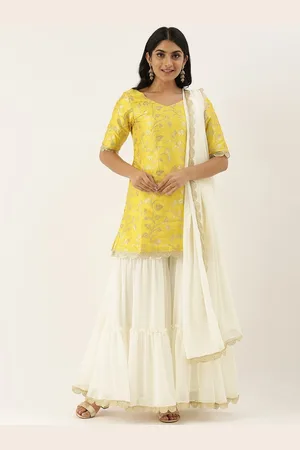 Ethnovog Floral Printed Scalloped Kurti with Sharara & Dupatta